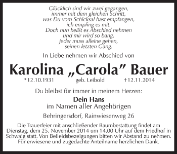 Traueranzeige von Karolina Bauer von Pegnitz-Zeitung